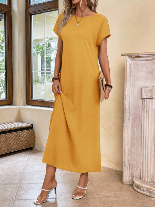 EMERY ROSE Ladies' Long Spring Yellow Round Neck Batwing Sleeve Dress