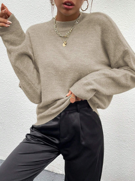 Solid Color Round Neck Drop Shoulder Sweater