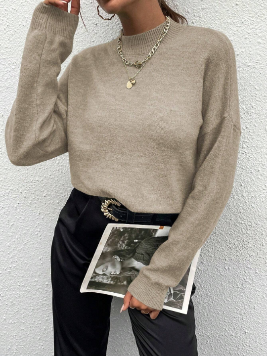 Solid Color Round Neck Drop Shoulder Sweater