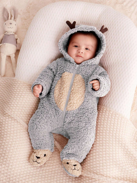 Cozy Cub Newborn Baby Girl 3d Antlers Design Hooded Contrasting Color Plush Pajama Jumpsuit