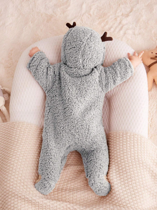 Cozy Cub Newborn Baby Girl 3d Antlers Design Hooded Contrasting Color Plush Pajama Jumpsuit