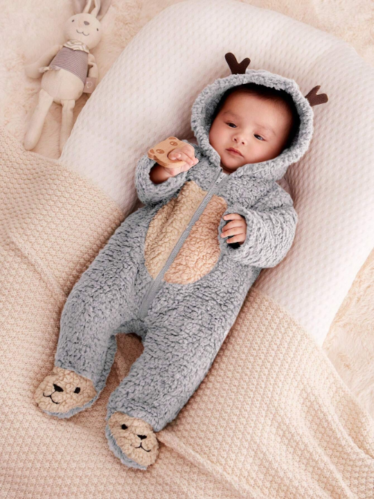 Cozy Cub Newborn Baby Girl 3d Antlers Design Hooded Contrasting Color Plush Pajama Jumpsuit