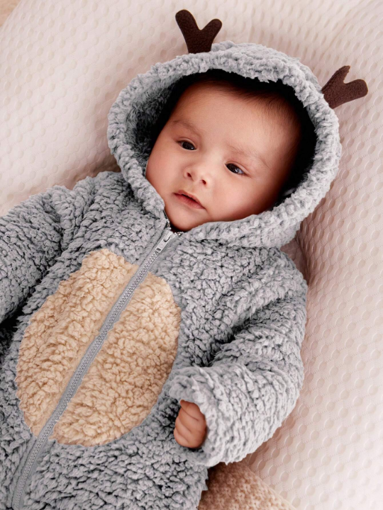 Cozy Cub Newborn Baby Girl 3d Antlers Design Hooded Contrasting Color Plush Pajama Jumpsuit