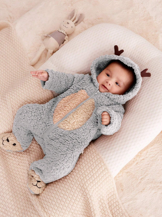 Cozy Cub Newborn Baby Girl 3d Antlers Design Hooded Contrasting Color Plush Pajama Jumpsuit