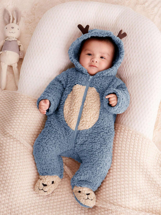 Cozy Cub Newborn Baby Infant 3d Antler Design Hooded Plush Sleepsuit/Jumpsuit With Contrasting Colors