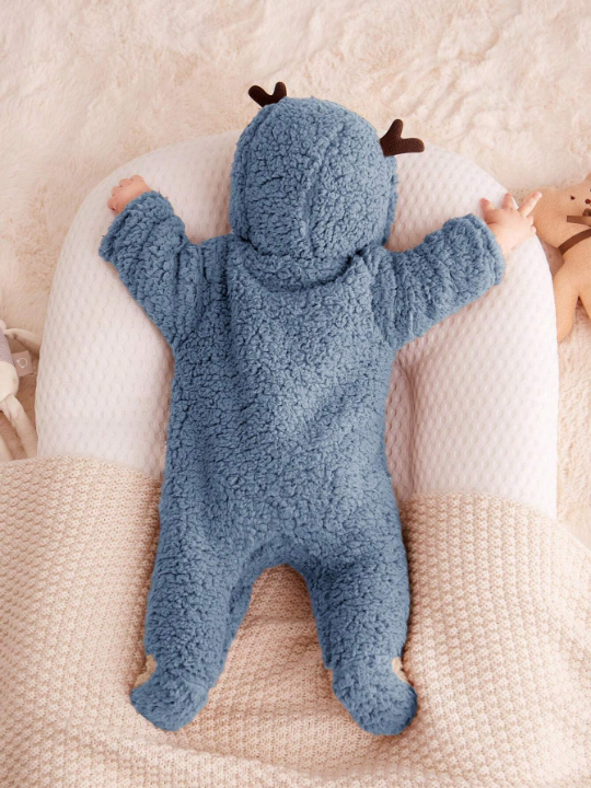 Cozy Cub Newborn Baby Infant 3d Antler Design Hooded Plush Sleepsuit/Jumpsuit With Contrasting Colors