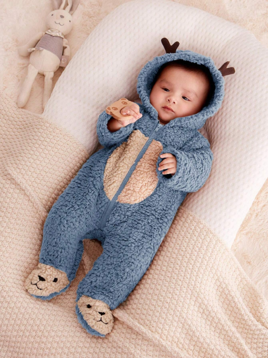 Cozy Cub Newborn Baby Infant 3d Antler Design Hooded Plush Sleepsuit/Jumpsuit With Contrasting Colors