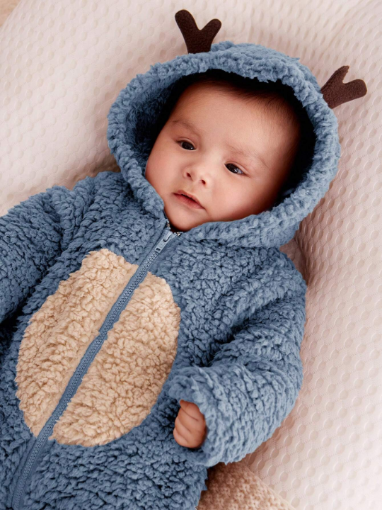 Cozy Cub Newborn Baby Infant 3d Antler Design Hooded Plush Sleepsuit/Jumpsuit With Contrasting Colors