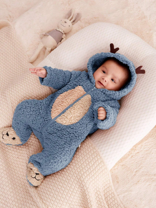 Cozy Cub Newborn Baby Infant 3d Antler Design Hooded Plush Sleepsuit/Jumpsuit With Contrasting Colors