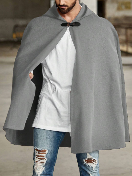 Manfinity Homme Loose Fit Men's Solid Color Hooded Cloak Thick Woolen Coat