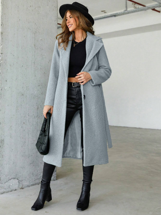 Women's Turn-down Collar Belted Woolen Coat