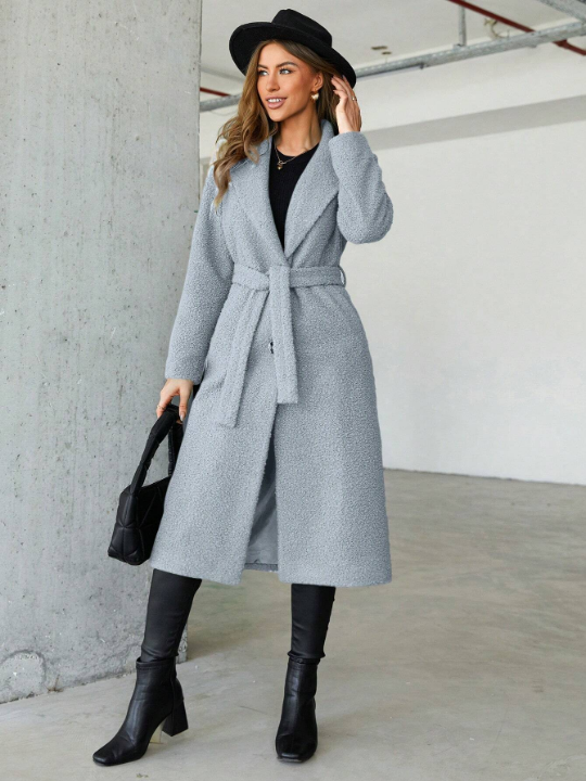 Women's Turn-down Collar Belted Woolen Coat