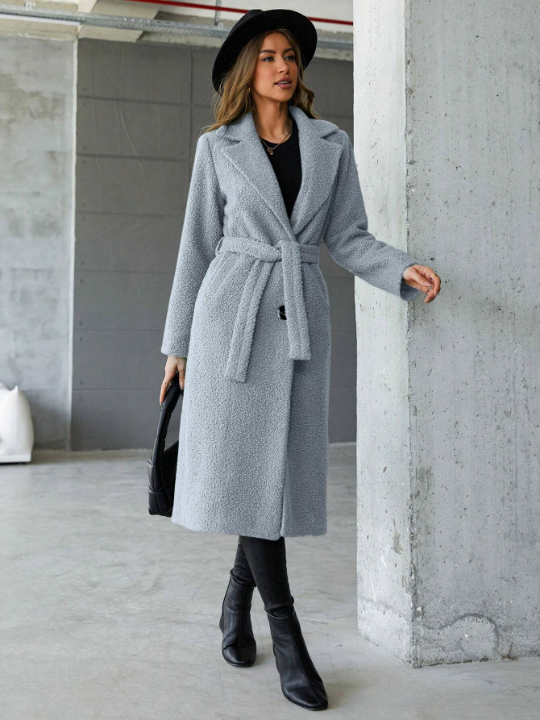 Women's Turn-down Collar Belted Woolen Coat