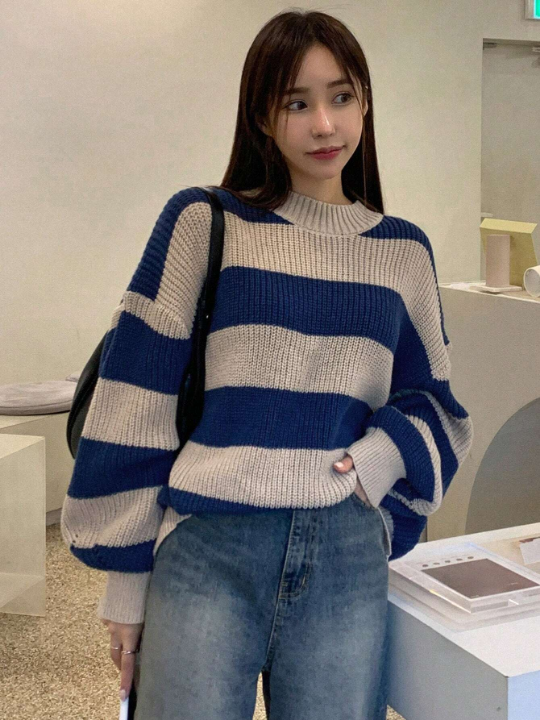 DAZY Women'S Striped Drop Shoulder Sweater Pullover