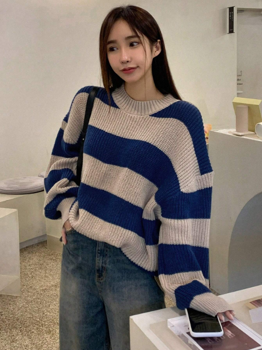 DAZY Women'S Striped Drop Shoulder Sweater Pullover