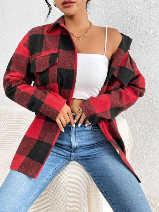 Women's Plaid Drop Shoulder Woolen Coat