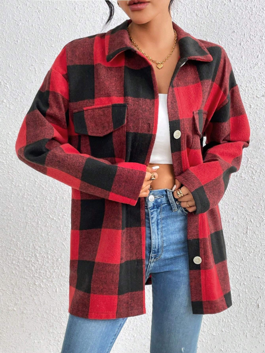 Women's Plaid Drop Shoulder Woolen Coat