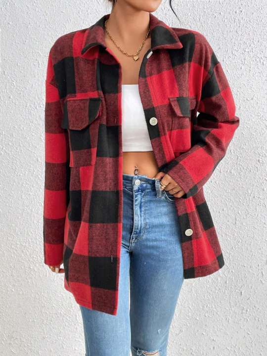 Women's Plaid Drop Shoulder Woolen Coat