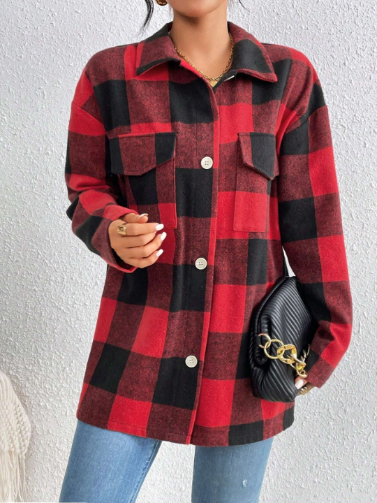 Women's Plaid Drop Shoulder Woolen Coat