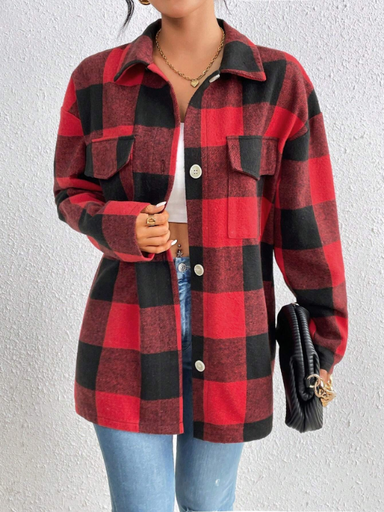 Women's Plaid Drop Shoulder Woolen Coat