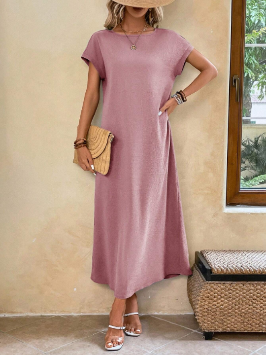 EMERY ROSE Ladies' Long Spring Pink Round Neck Batwing Sleeve Dress