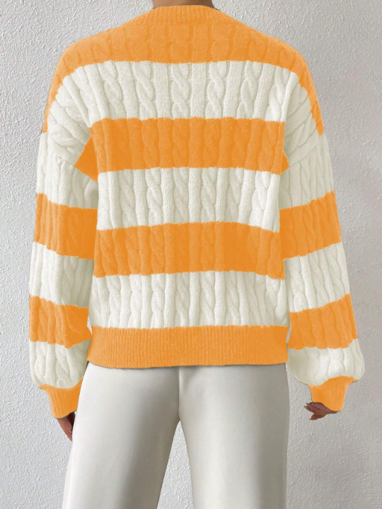 Essnce Women'S Striped Cable Knit Pullover Sweater