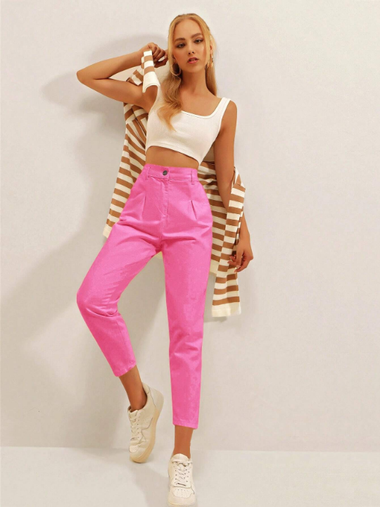 Frenchy Solid Color Cone Shaped Folded Cropped Pants