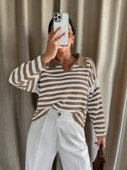 Striped Pattern Drop Shoulder Sweater