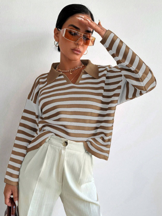 Striped Pattern Drop Shoulder Sweater