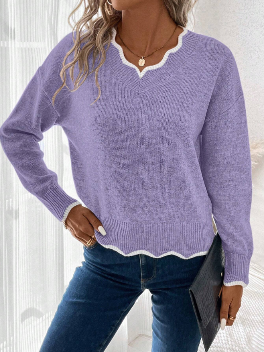 LUNE Women's Contrast Trim Drop Shoulder Sweater