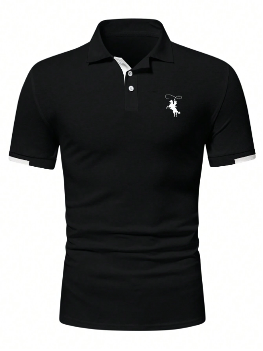 Manfinity Mode Men's Short Sleeve Polo Shirt With Horse Pattern & Contrast Trim