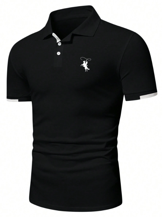 Manfinity Mode Men's Short Sleeve Polo Shirt With Horse Pattern & Contrast Trim