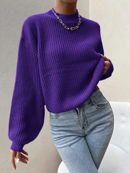 Solid Stand Neck Drop Shoulder Sweater