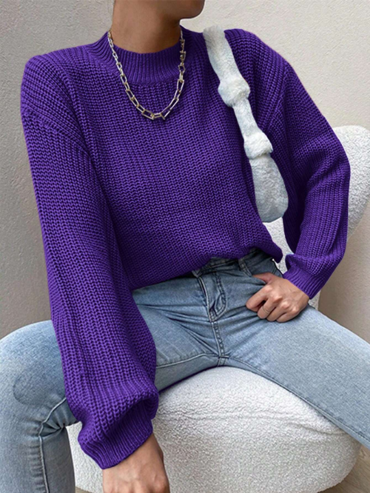 Solid Stand Neck Drop Shoulder Sweater