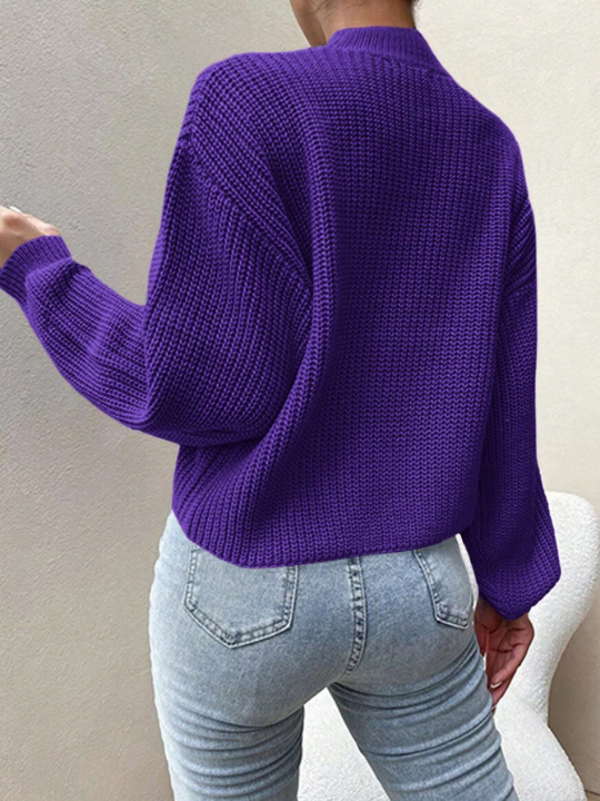 Solid Stand Neck Drop Shoulder Sweater