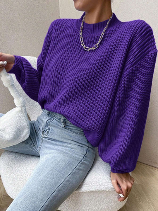 Solid Stand Neck Drop Shoulder Sweater