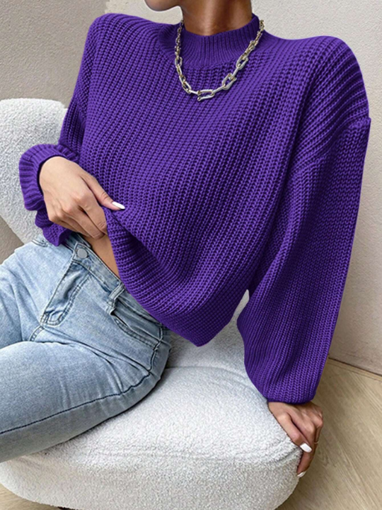 Solid Stand Neck Drop Shoulder Sweater