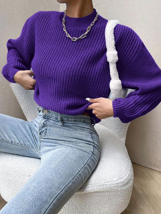 Solid Stand Neck Drop Shoulder Sweater