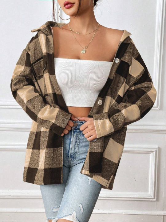 Women's Plaid Woolen Coat With Lapel Collar And Drop Shoulder Design