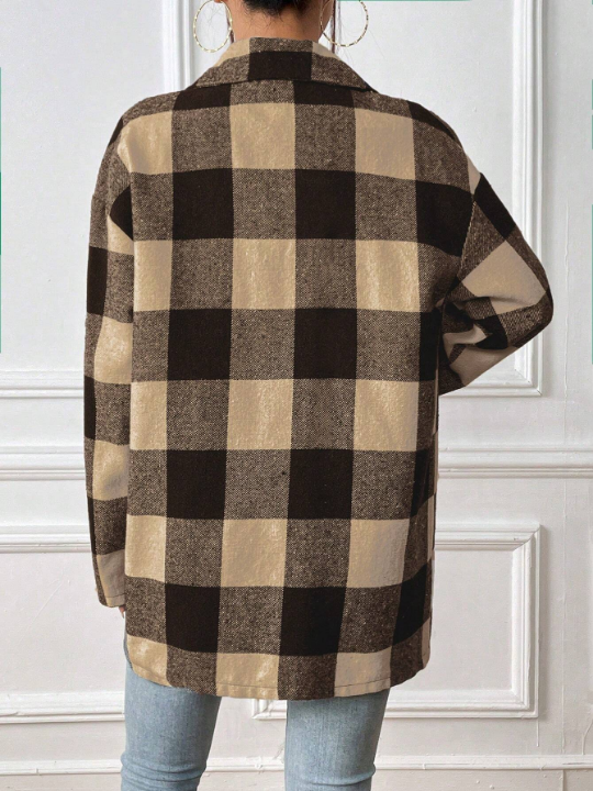 Women's Plaid Woolen Coat With Lapel Collar And Drop Shoulder Design