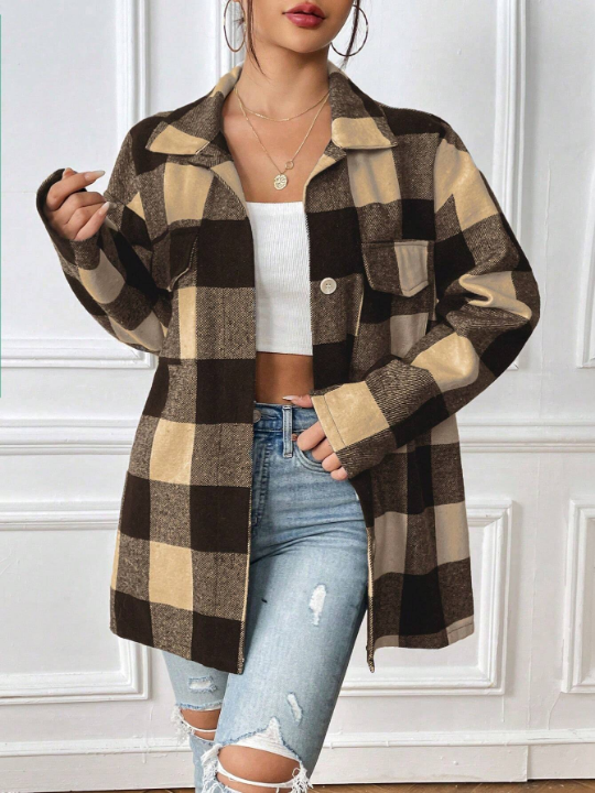 Women's Plaid Woolen Coat With Lapel Collar And Drop Shoulder Design