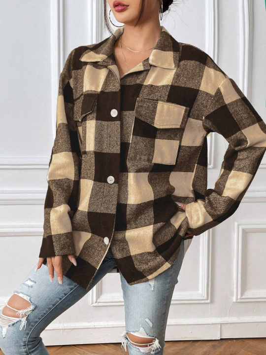 Women's Plaid Woolen Coat With Lapel Collar And Drop Shoulder Design