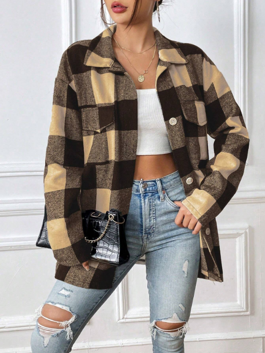 Women's Plaid Woolen Coat With Lapel Collar And Drop Shoulder Design