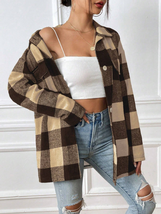 Women's Plaid Woolen Coat With Lapel Collar And Drop Shoulder Design