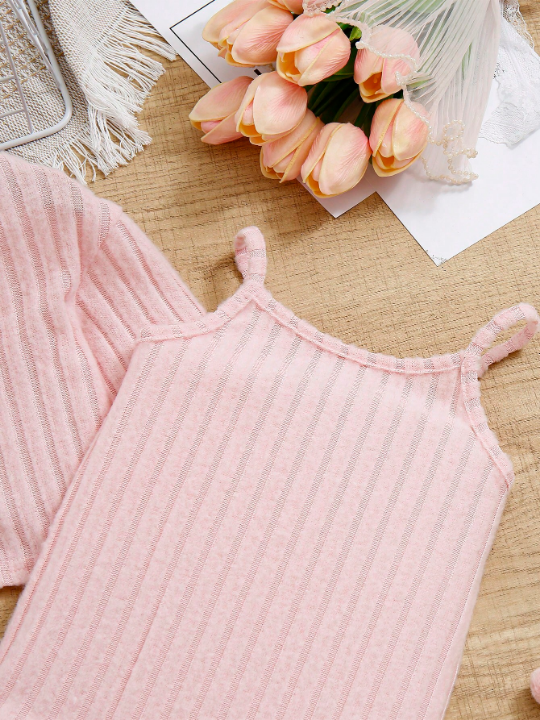 Baby Girls' Casual Knitted Pink Jumpsuit With Strap And Long Sleeve Cardigan Outfit