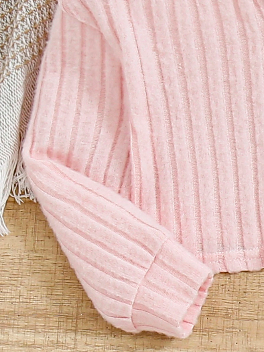 Baby Girls' Casual Knitted Pink Jumpsuit With Strap And Long Sleeve Cardigan Outfit