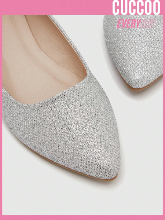 Cuccoo Everyday Collection Glamorous Silver Ballet Shoes For Women, Rhinestone Decor Point Toe Flats