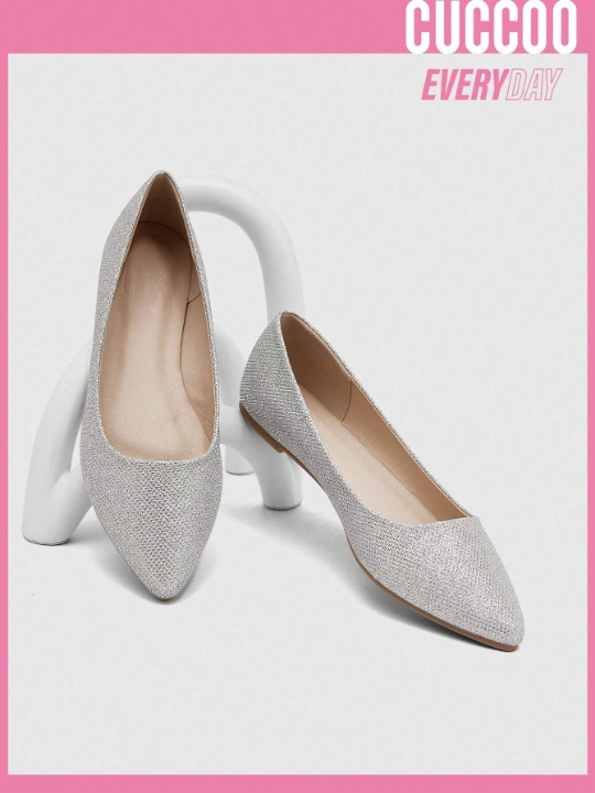 Cuccoo Everyday Collection Glamorous Silver Ballet Shoes For Women, Rhinestone Decor Point Toe Flats