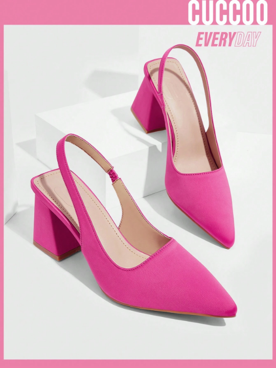 Cuccoo Everyday Collection Woman Shoes Glamorous Fashion Slingback Point Toe Chunky Heeled Satin Hot Pink Pumps For Spring And Summer