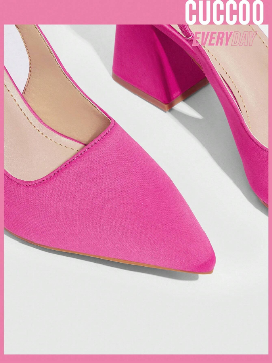 Cuccoo Everyday Collection Woman Shoes Glamorous Fashion Slingback Point Toe Chunky Heeled Satin Hot Pink Pumps For Spring And Summer